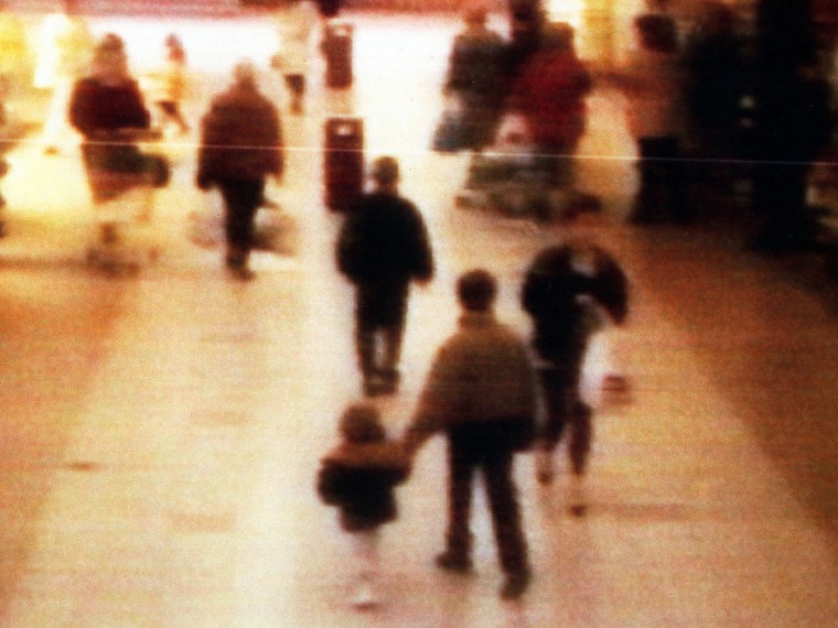 Surveillance camera footage shows the abduction of two-year-old James Bulger